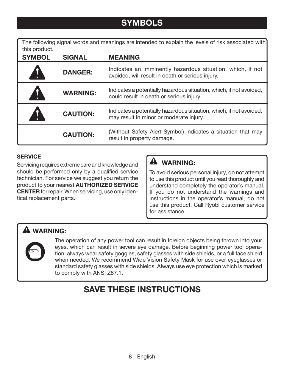 Symbols, Save these instructions | Ryobi P541 User Manual | Page 14 / 70