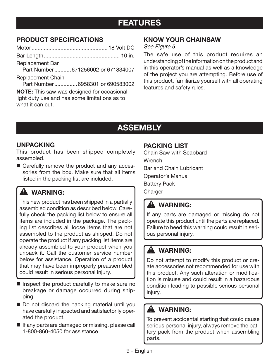 Features, Assembly | Ryobi P541 User Manual | Page 15 / 70