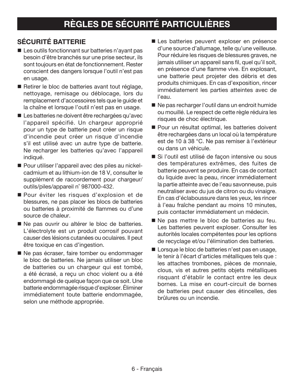 Règles specifiques de sécurité, Règles de sécurité particulières | Ryobi P541 User Manual | Page 32 / 70