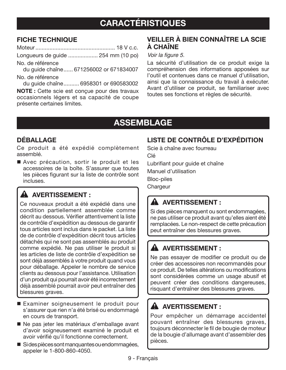 Caractéristiques, Assemblage | Ryobi P541 User Manual | Page 35 / 70