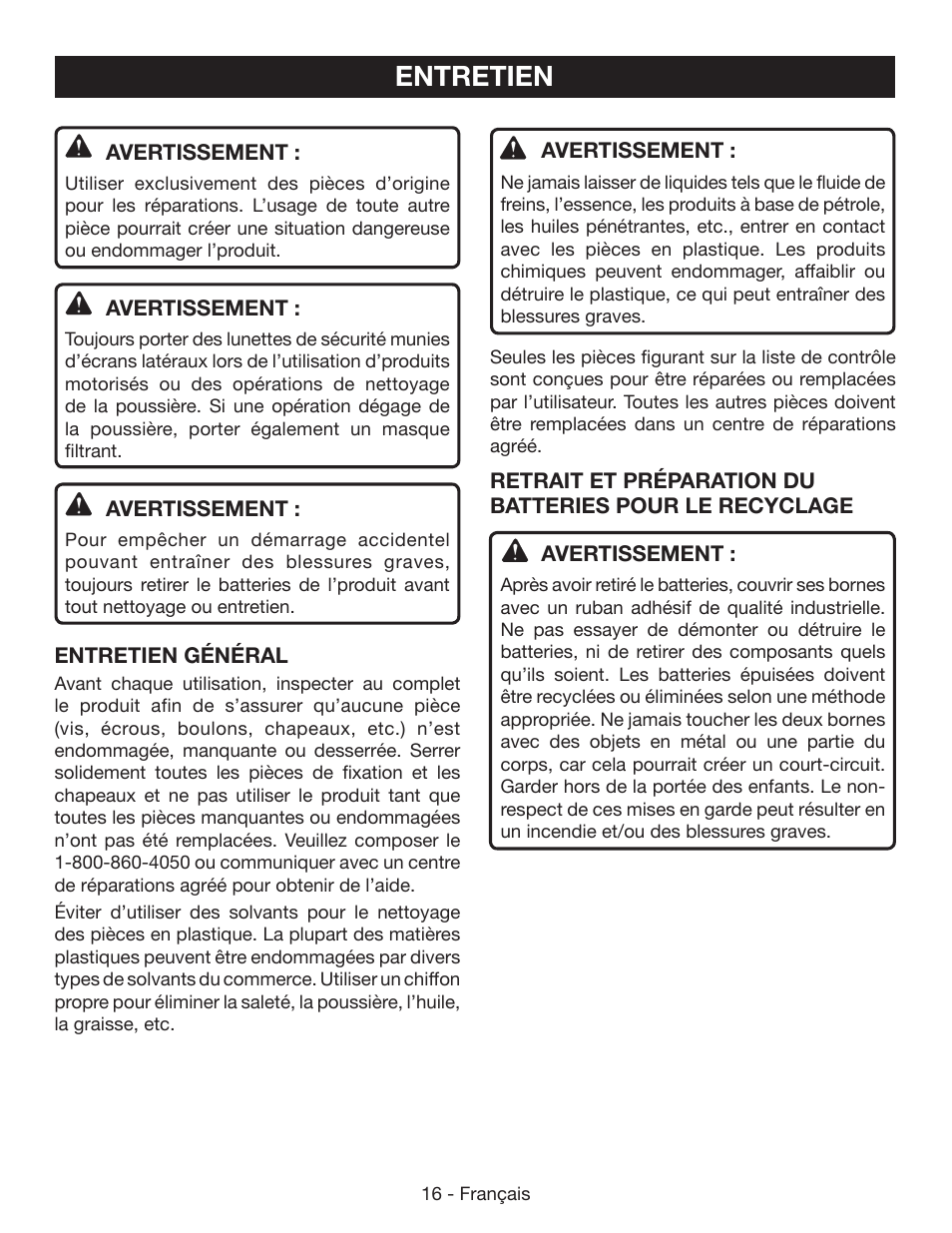 Entretien | Ryobi P541 User Manual | Page 42 / 70