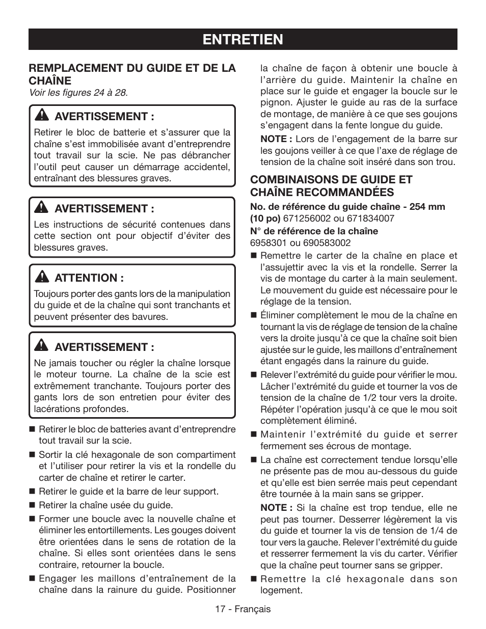 Entretien | Ryobi P541 User Manual | Page 43 / 70