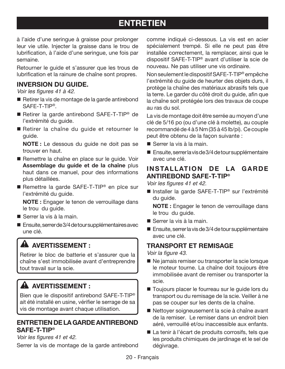Entretien, Inversion du guide, Avertissement | Entretien de la garde antirebond safe-t-tip, Transport et remisage | Ryobi P541 User Manual | Page 46 / 70