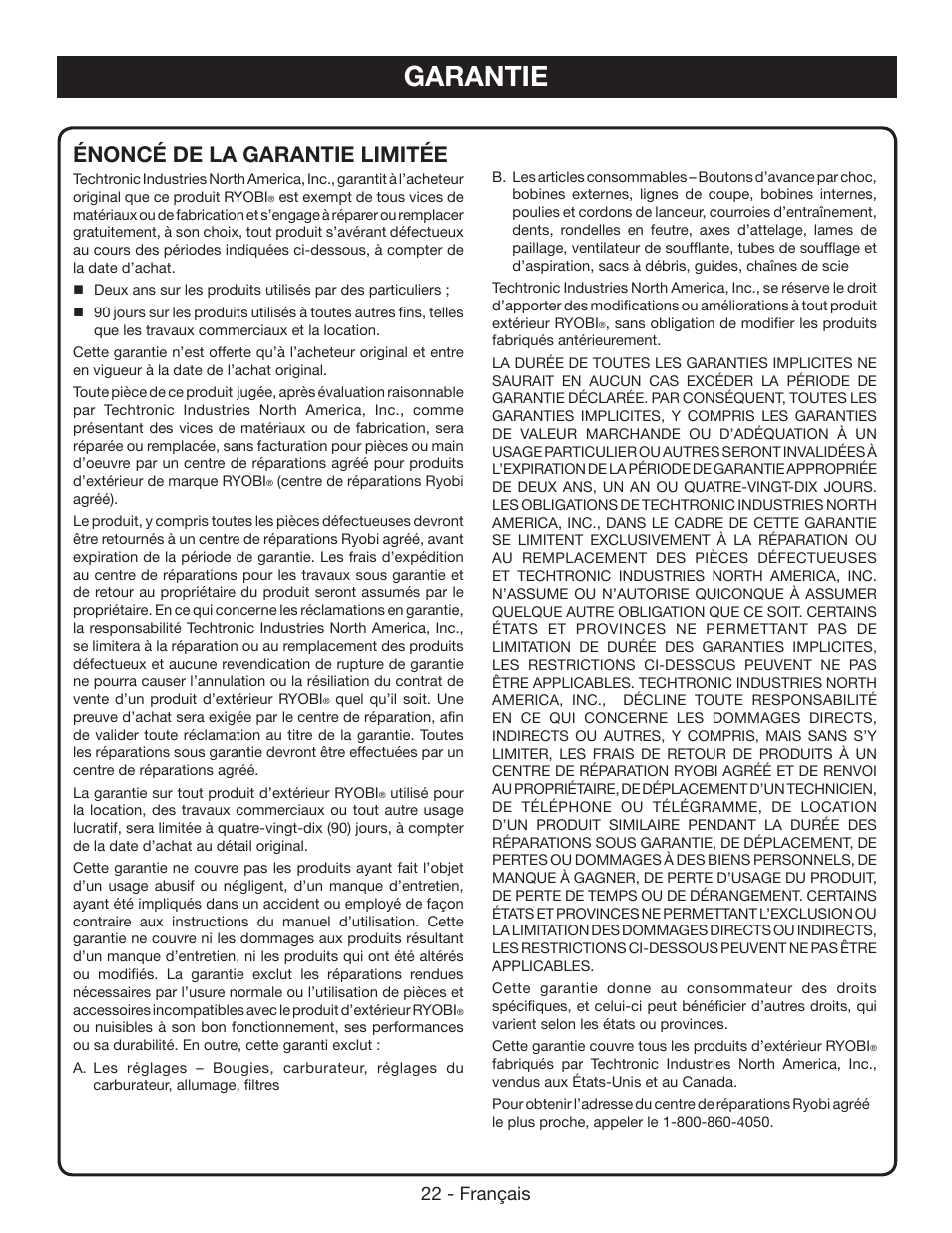 Garantie, Énoncé de la garantie limitée, 22 - français | Ryobi P541 User Manual | Page 48 / 70