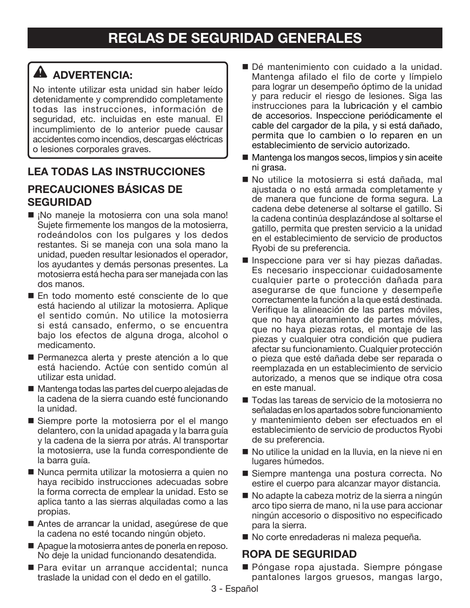 Reglas de seguridad generales | Ryobi P541 User Manual | Page 49 / 70