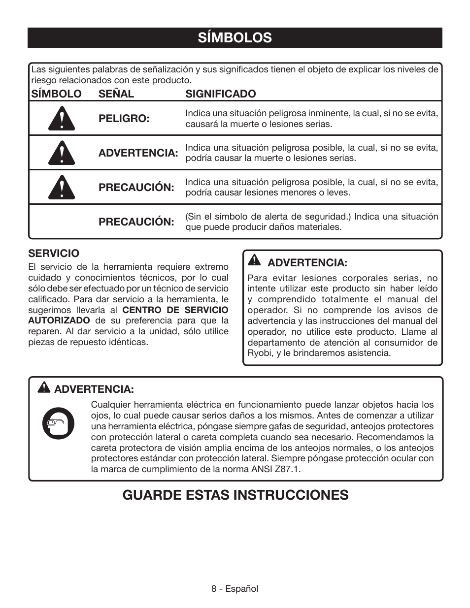 Símbolos, Guarde estas instrucciones | Ryobi P541 User Manual | Page 54 / 70