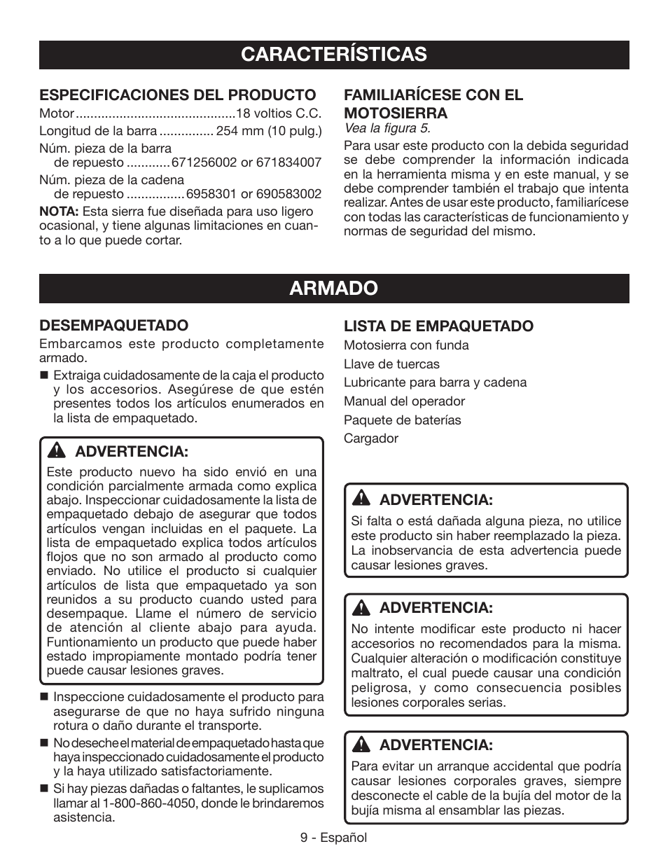 Características, Armado | Ryobi P541 User Manual | Page 55 / 70