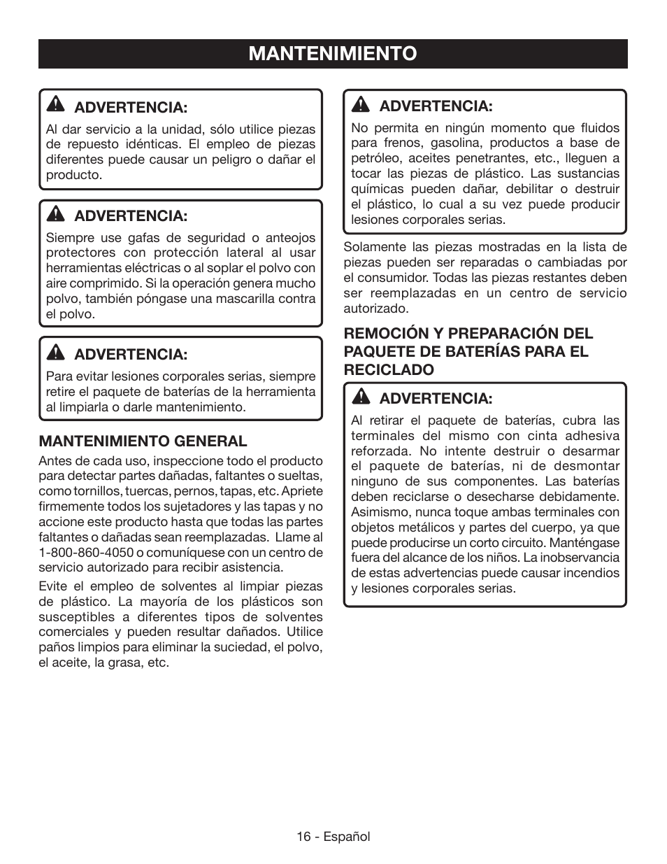 Mantenimiento | Ryobi P541 User Manual | Page 62 / 70