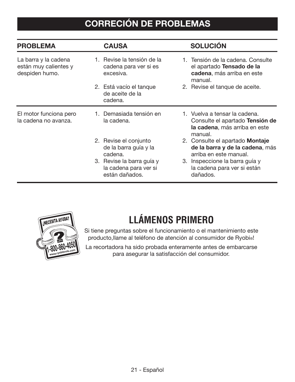 Llámenos primero, Correción de problemas | Ryobi P541 User Manual | Page 67 / 70