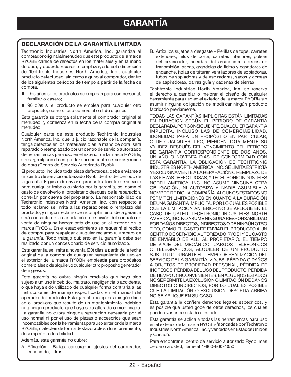 Garantía, 22 - español, Declaración de la garantía limitada | Ryobi P541 User Manual | Page 68 / 70