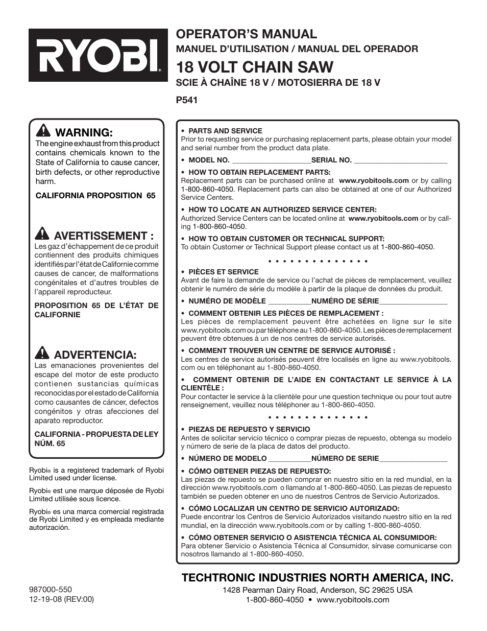 18 volt chain saw, Operator’s manual, Warning | Techtronic industries north america, inc, Avertissement, Advertencia | Ryobi P541 User Manual | Page 70 / 70