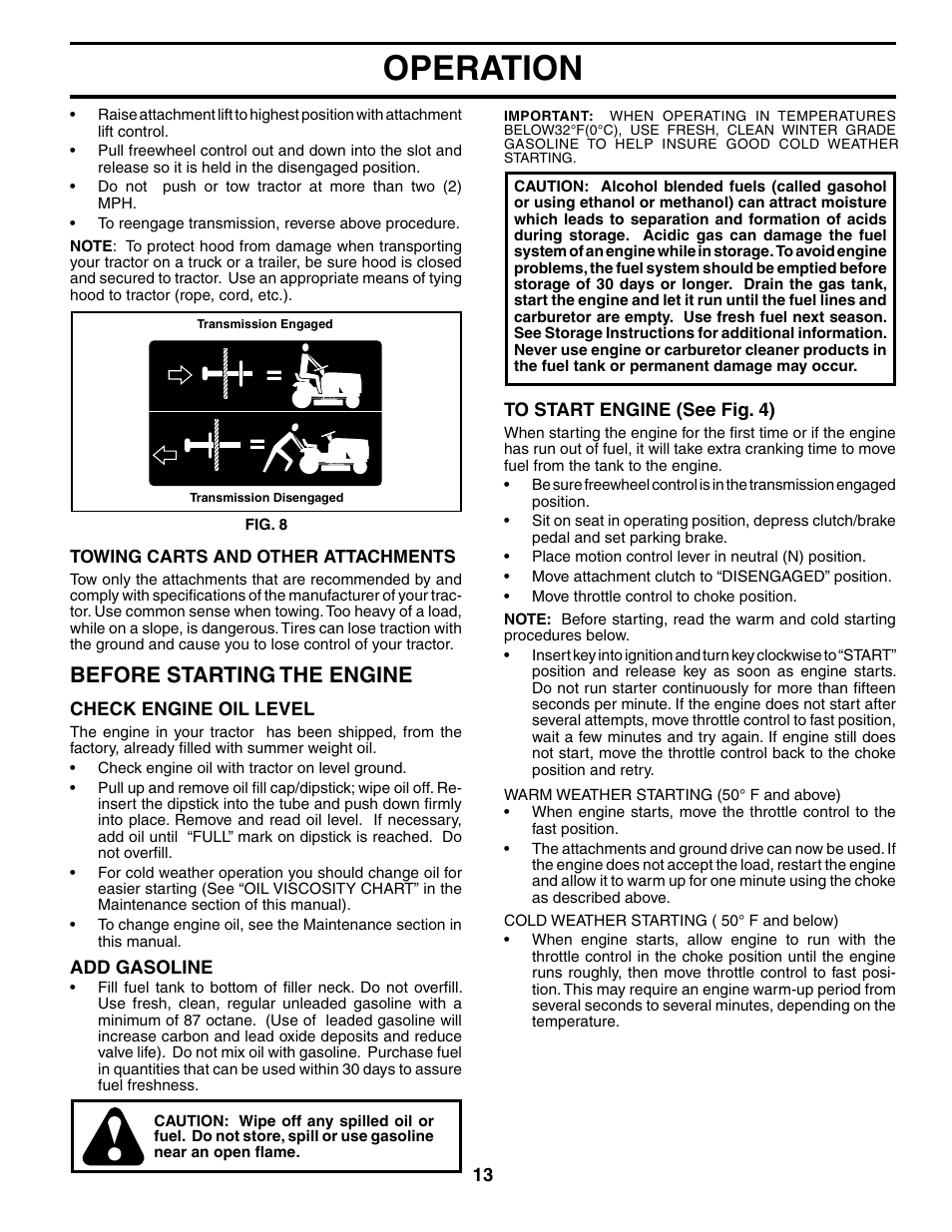 Operation, Before starting the engine | Ryobi 197788 User Manual | Page 13 / 30