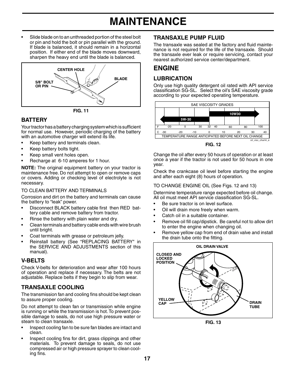 Maintenance, Engine, V-belts | Transaxle cooling, Battery, Transaxle pump fluid, Lubrication | Ryobi 197788 User Manual | Page 17 / 30