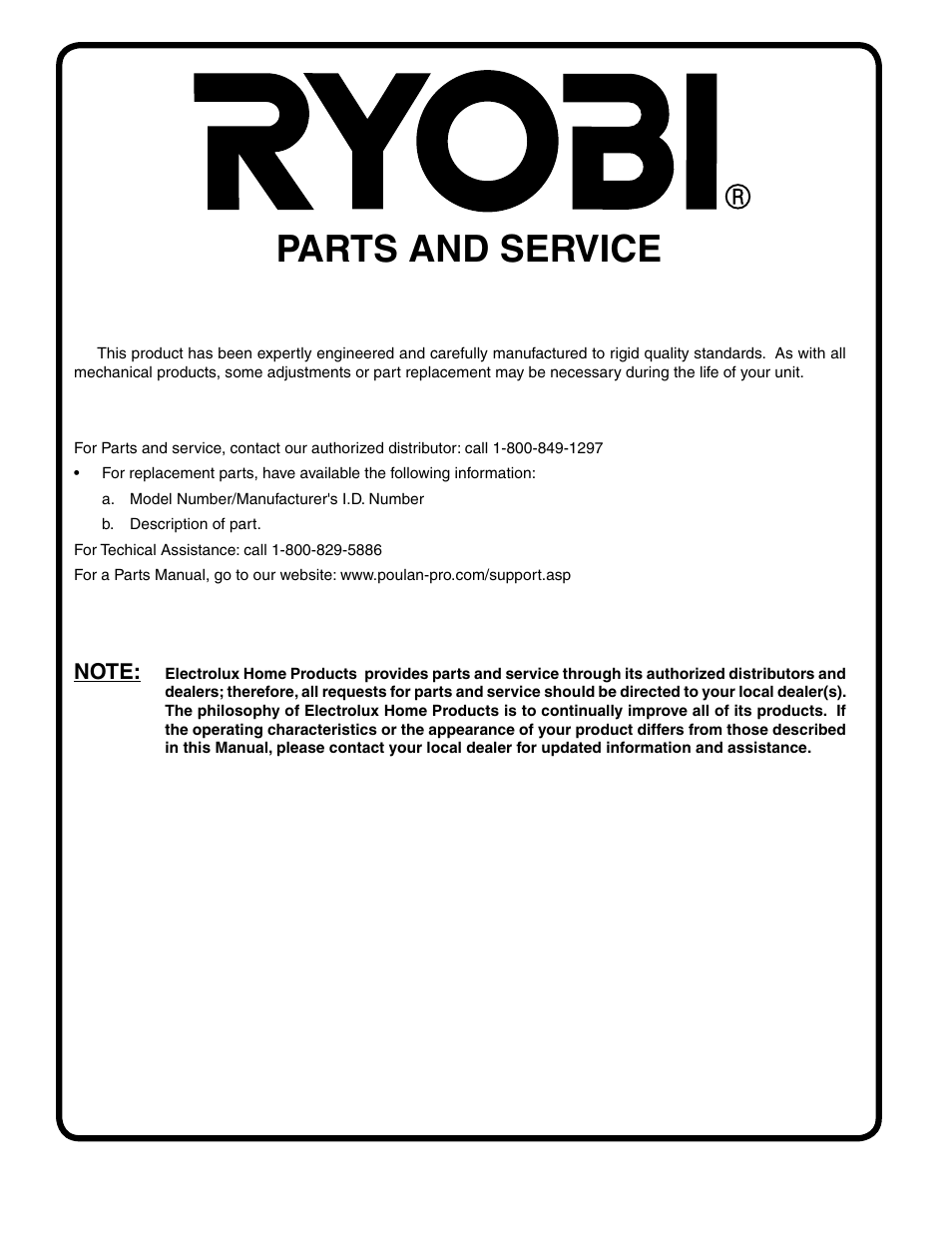 Parts and service | Ryobi 197788 User Manual | Page 30 / 30