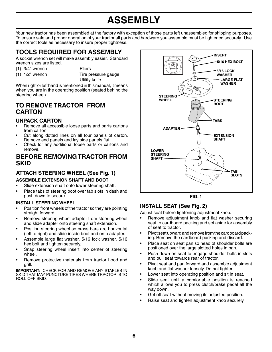 Assembly, Tools required for assembly, Before removing tractor from skid | Ryobi 197788 User Manual | Page 6 / 30