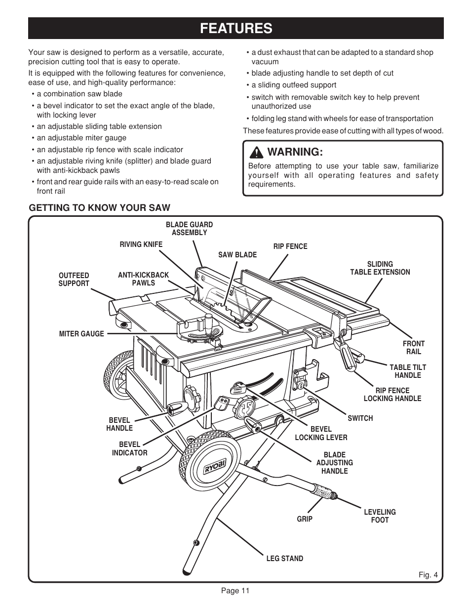 Features, Warning | Ryobi BTS20 User Manual | Page 11 / 34