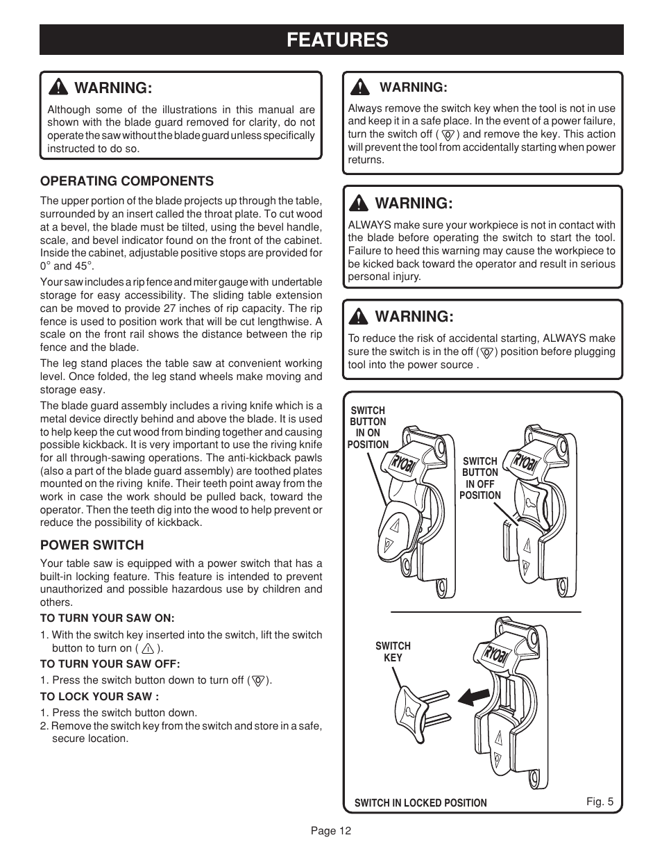 Features, Warning | Ryobi BTS20 User Manual | Page 12 / 34