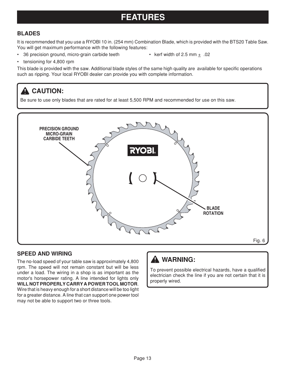 Features, Caution, Warning | Ryobi BTS20 User Manual | Page 13 / 34
