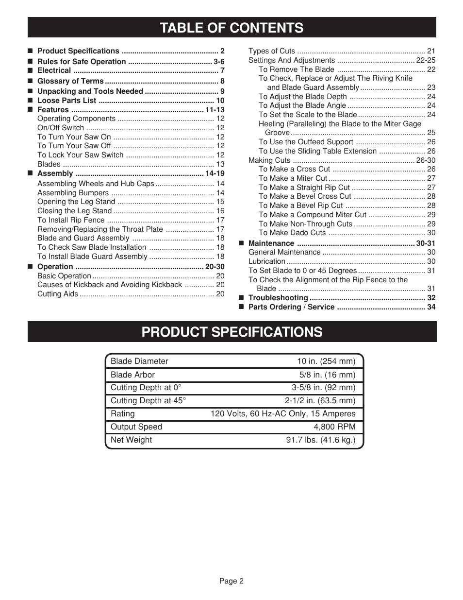 Table of contents product specifications | Ryobi BTS20 User Manual | Page 2 / 34