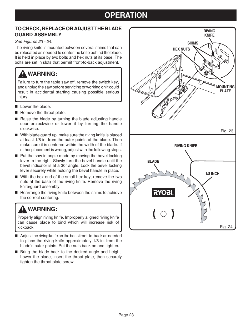 Operation, Warning | Ryobi BTS20 User Manual | Page 23 / 34