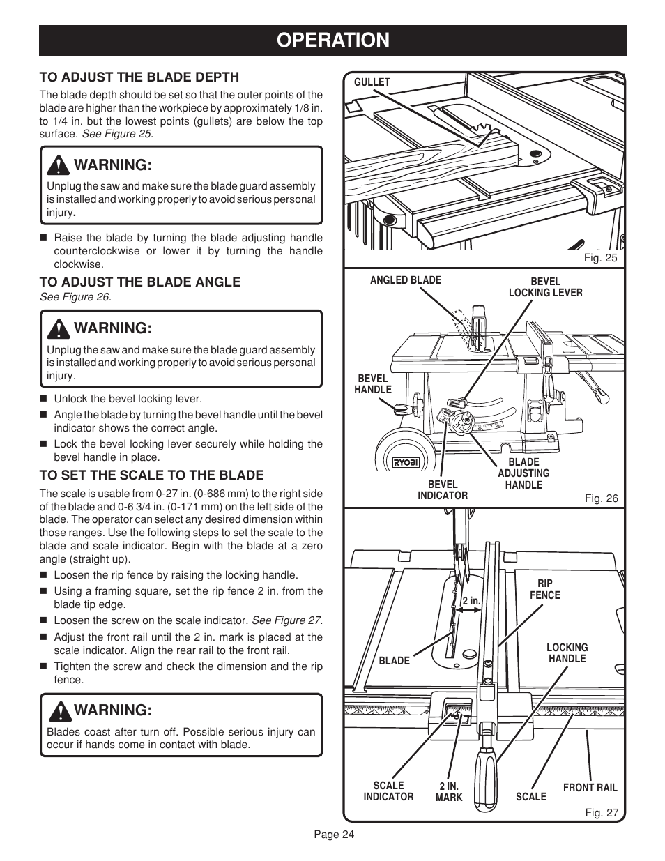 Operation, Warning | Ryobi BTS20 User Manual | Page 24 / 34