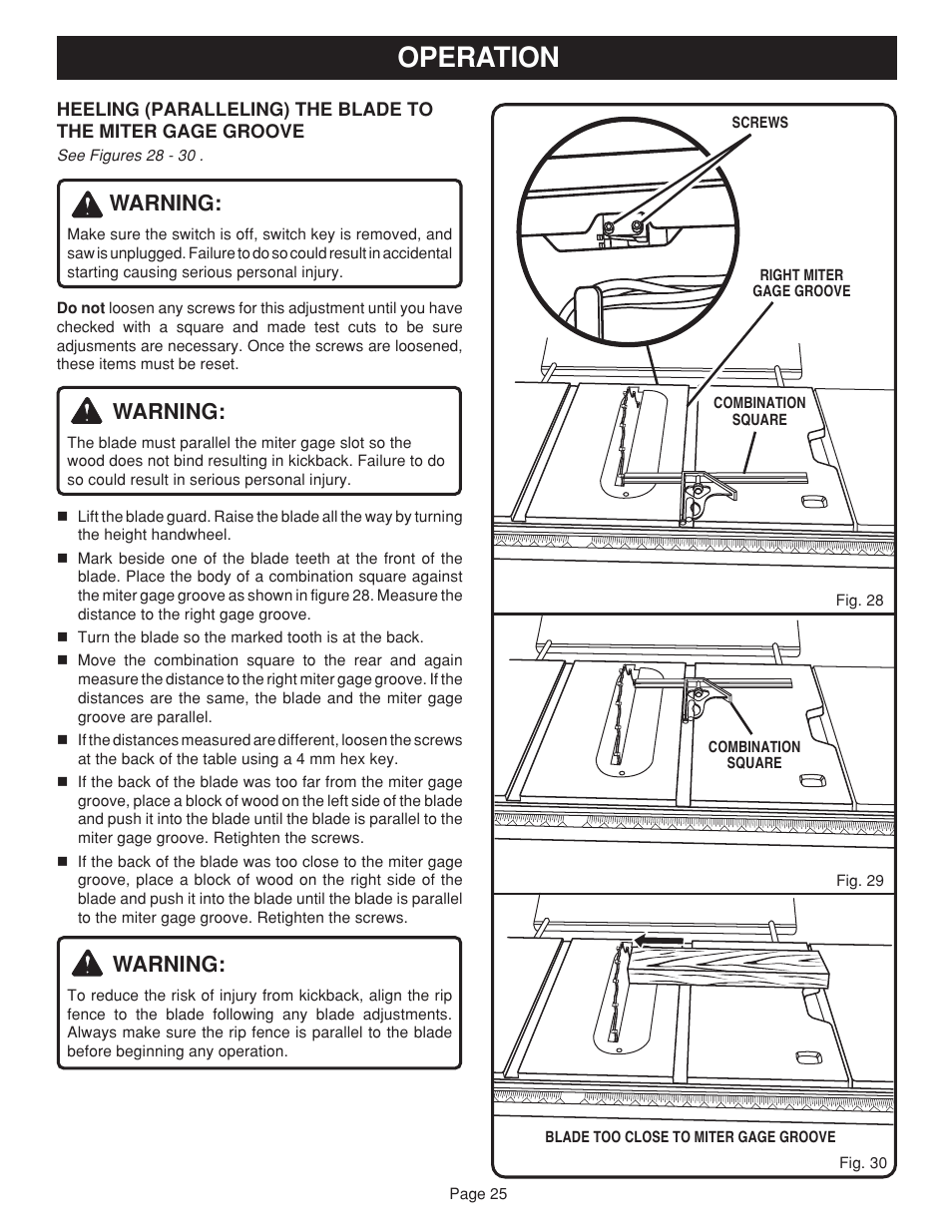 Operation, Warning | Ryobi BTS20 User Manual | Page 25 / 34