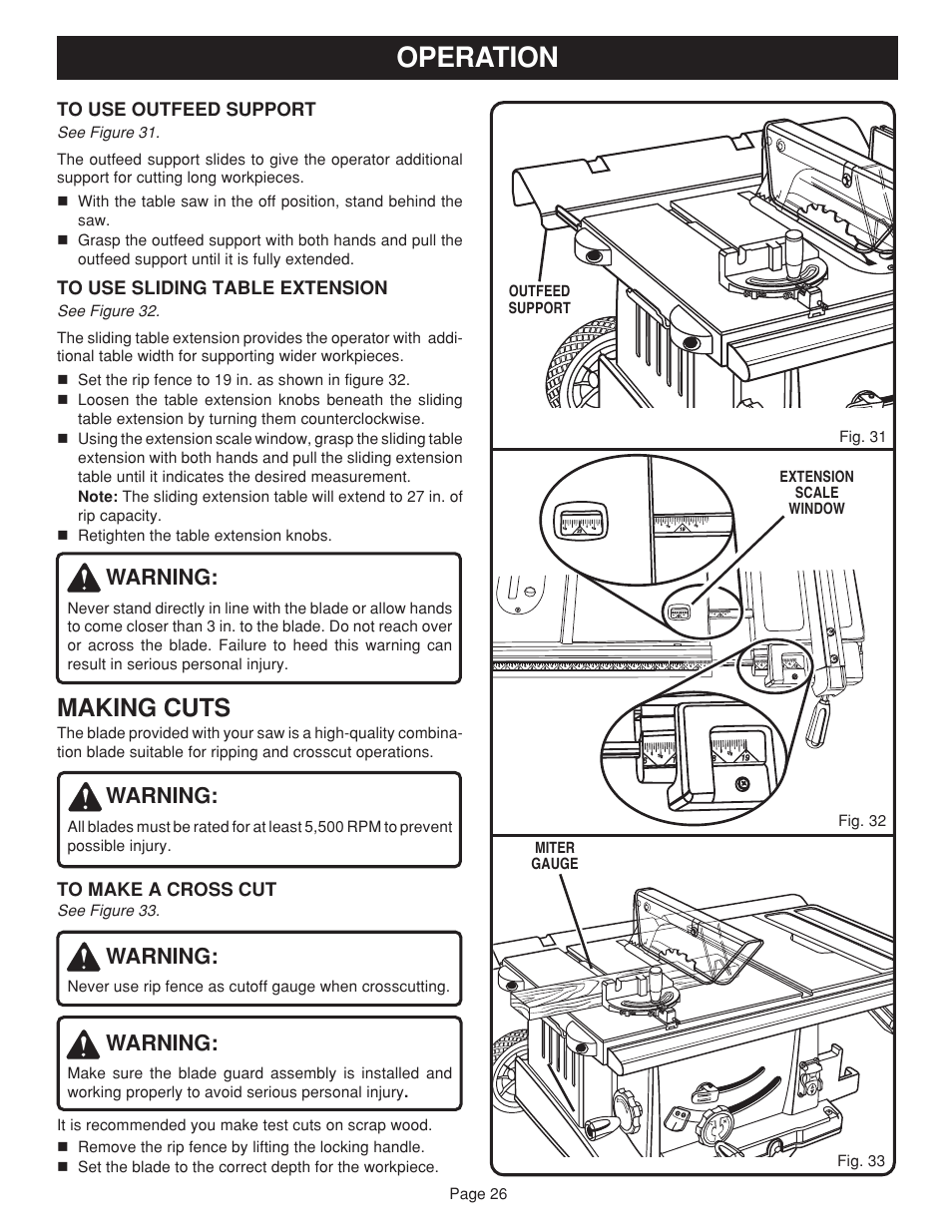 Operation, Making cuts, Warning | Ryobi BTS20 User Manual | Page 26 / 34