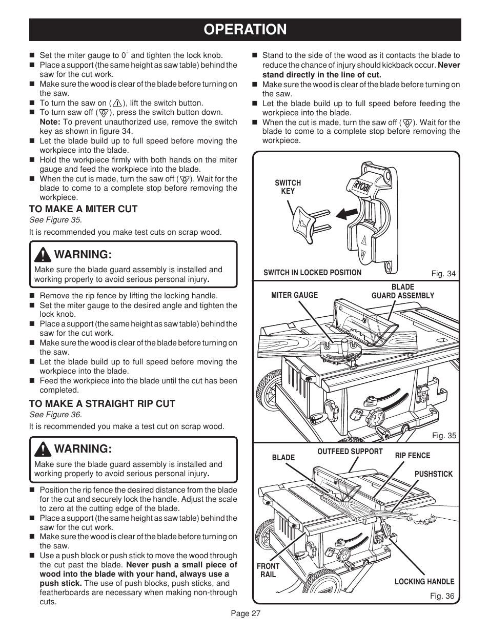 Operation, Warning | Ryobi BTS20 User Manual | Page 27 / 34