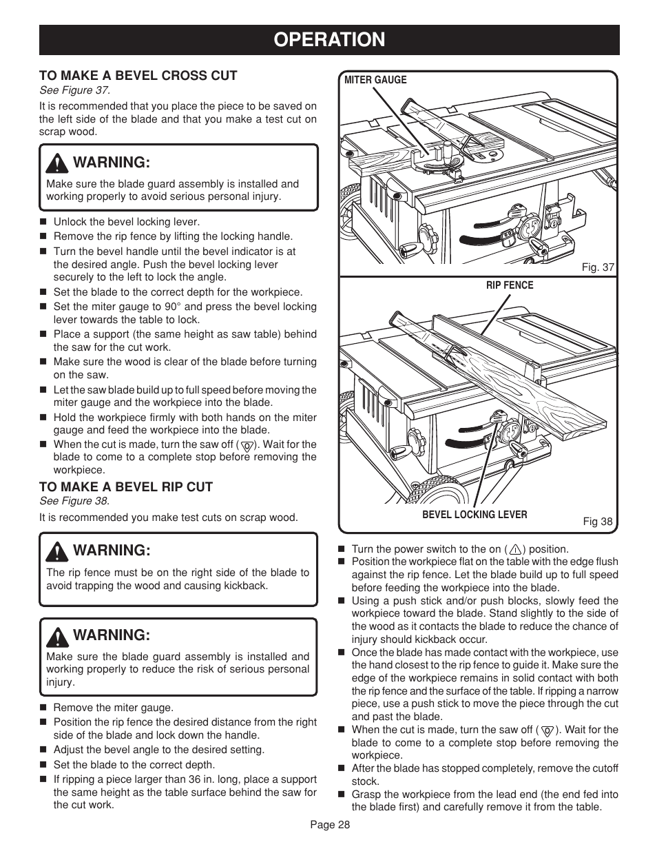 Operation, Warning | Ryobi BTS20 User Manual | Page 28 / 34