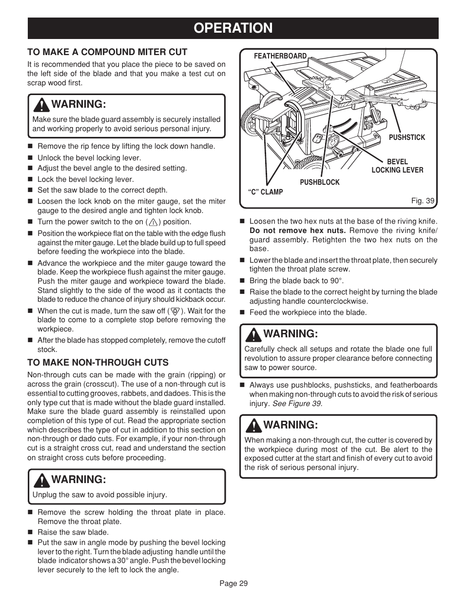 Operation, Warning | Ryobi BTS20 User Manual | Page 29 / 34