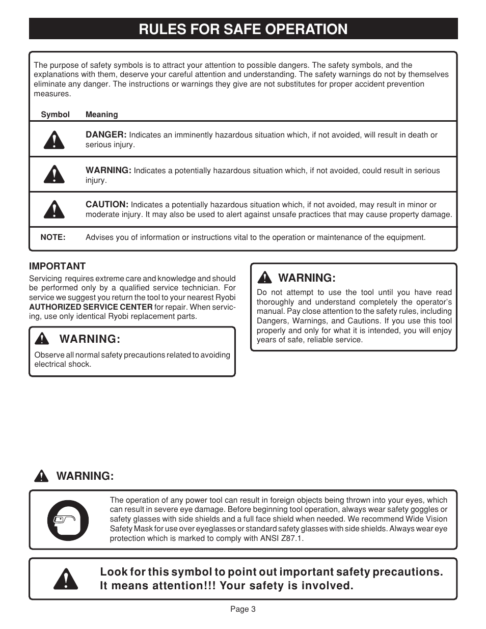 Rules for safe operation, Warning | Ryobi BTS20 User Manual | Page 3 / 34
