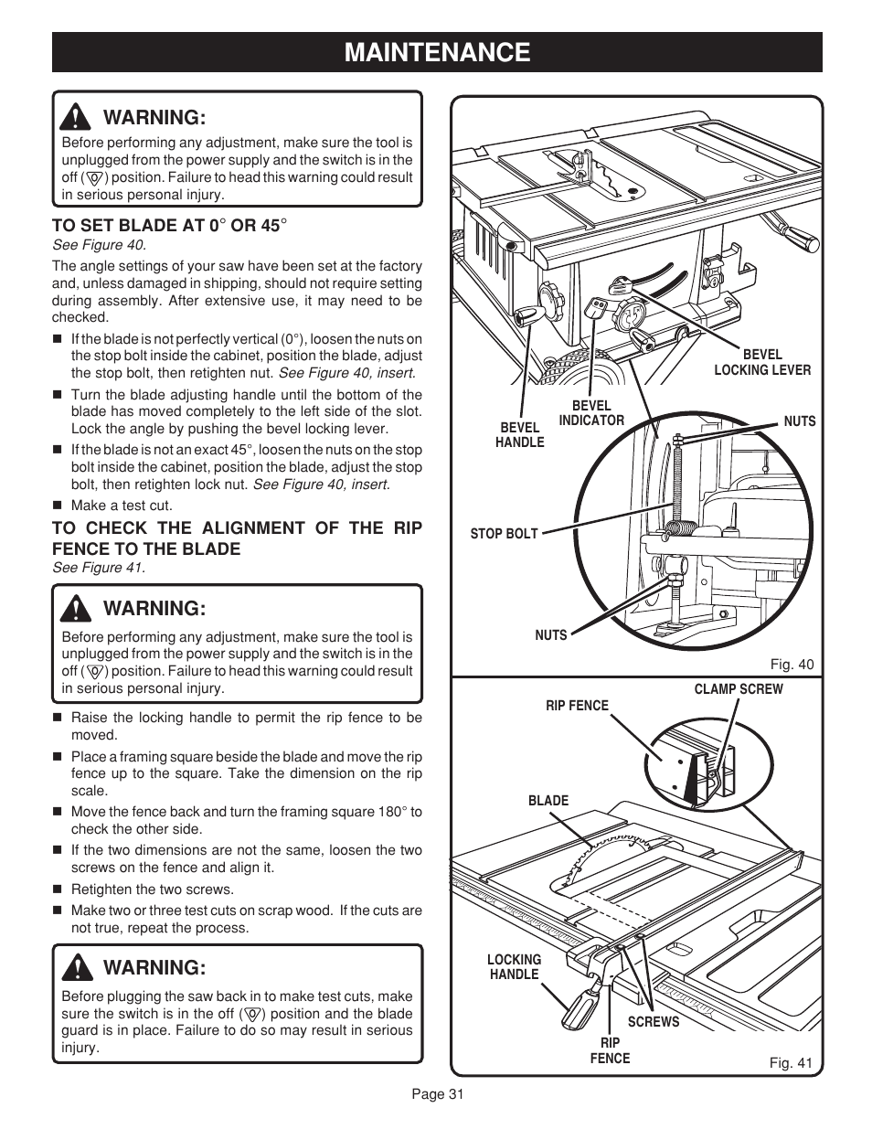 Maintenance, Warning | Ryobi BTS20 User Manual | Page 31 / 34