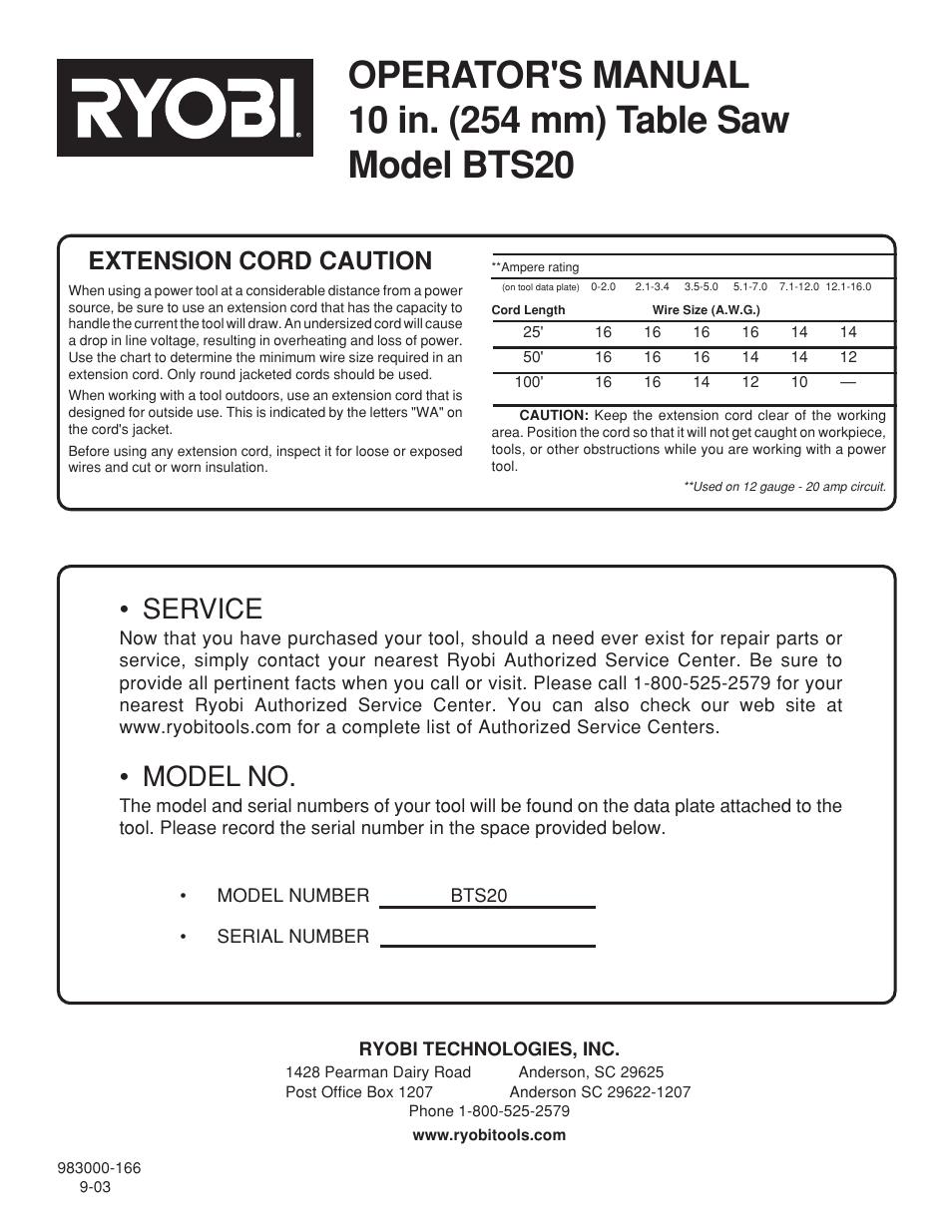 Service, Model no, Extension cord caution | Ryobi BTS20 User Manual | Page 34 / 34