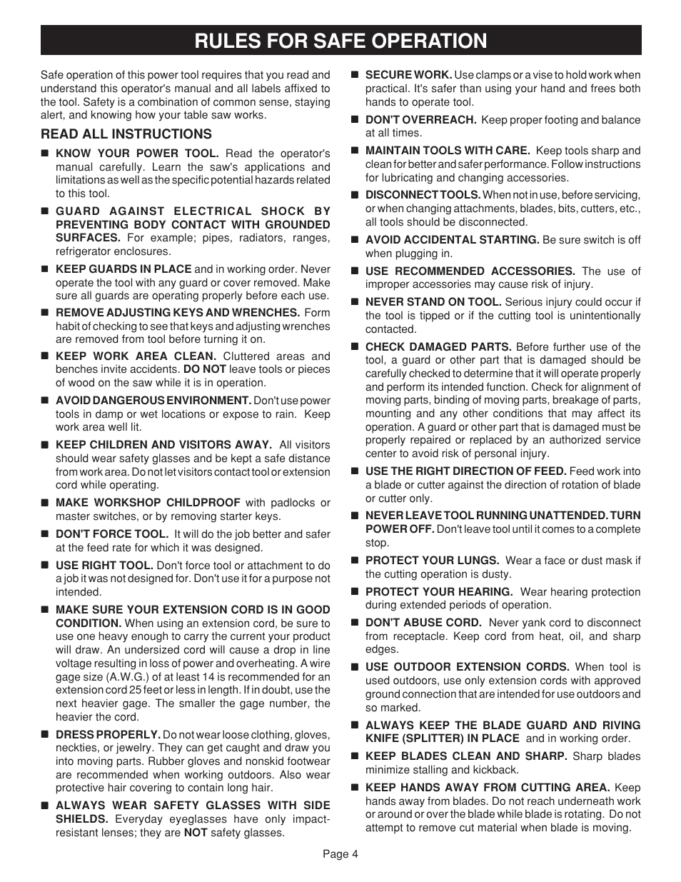 Rules for safe operation | Ryobi BTS20 User Manual | Page 4 / 34