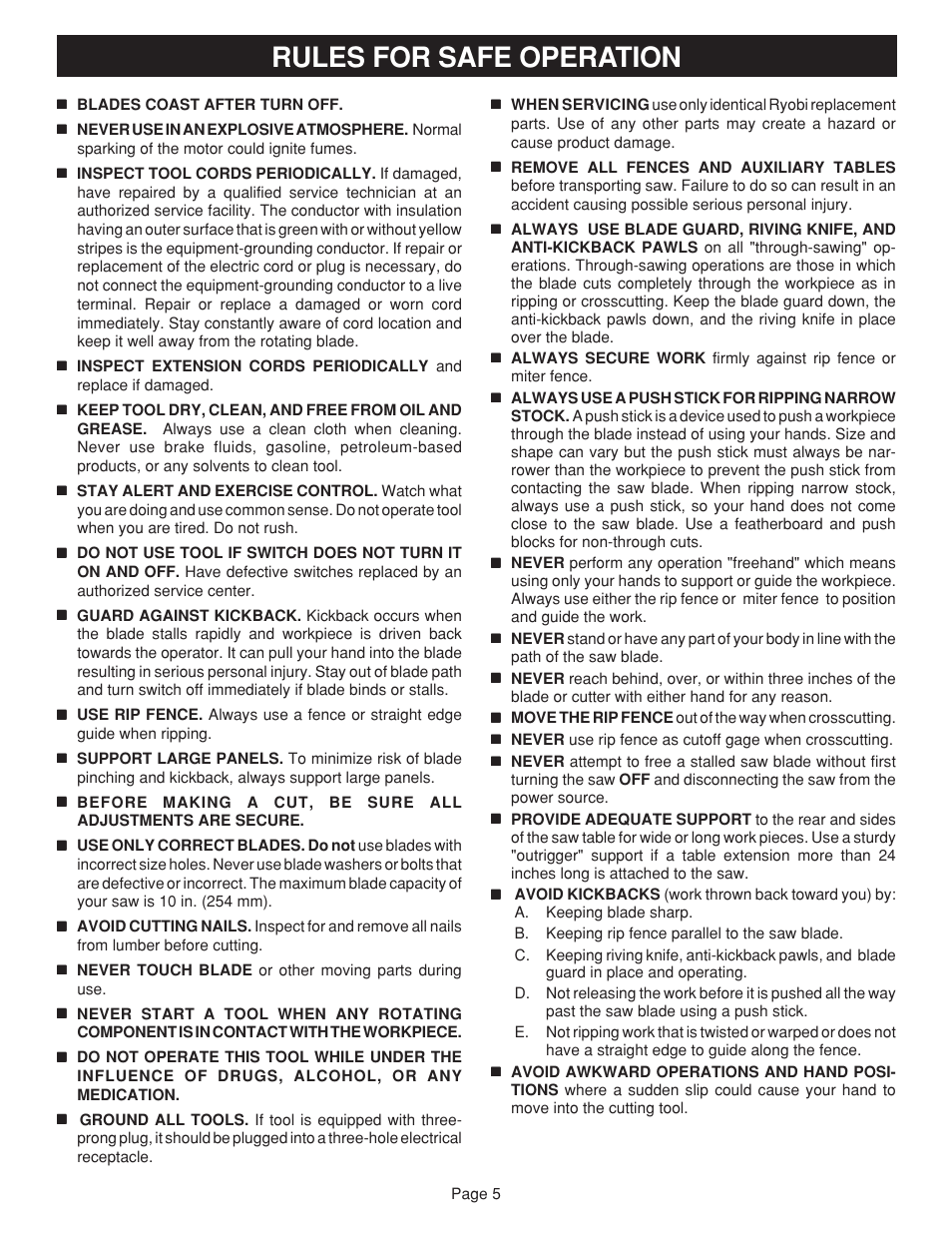 Rules for safe operation | Ryobi BTS20 User Manual | Page 5 / 34