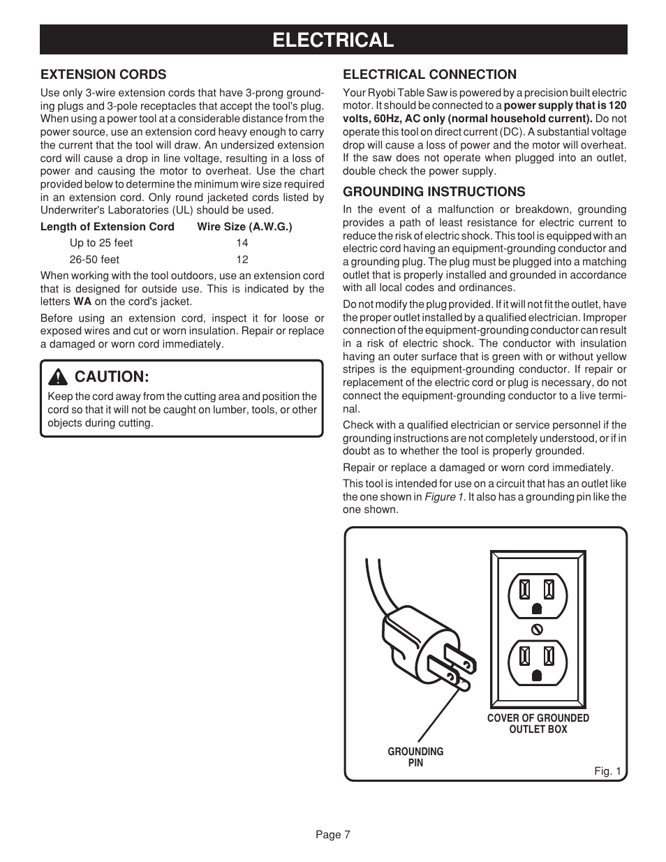 Electrical, Caution | Ryobi BTS20 User Manual | Page 7 / 34