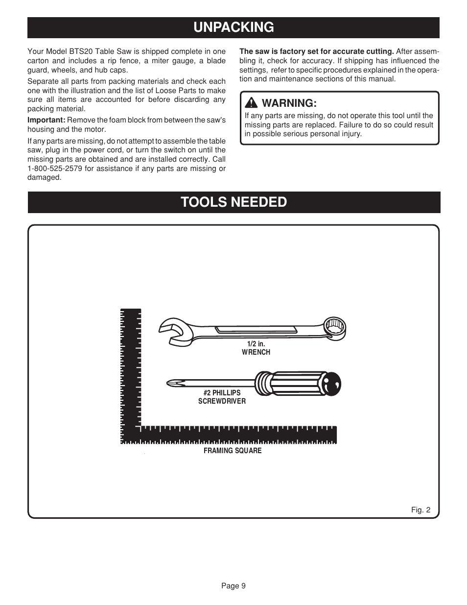 Unpacking tools needed, Warning | Ryobi BTS20 User Manual | Page 9 / 34