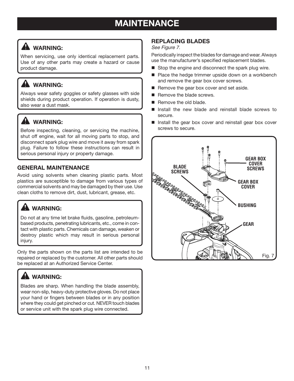 Maintenance | Ryobi RY39500 User Manual | Page 11 / 18