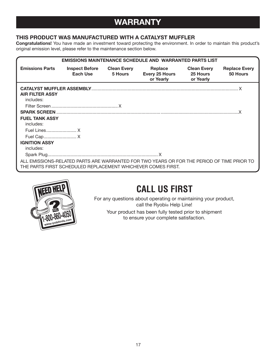 Call us first, Warranty | Ryobi RY39500 User Manual | Page 17 / 18