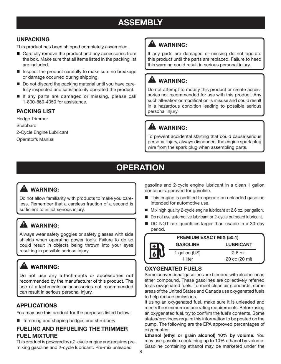 Operation, Assembly | Ryobi RY39500 User Manual | Page 8 / 18