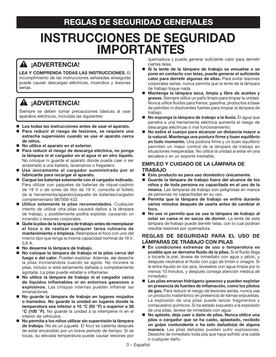 Instrucciones de seguridad importantes, Reglas de seguridad generales, Advertencia | Ryobi P703 User Manual | Page 11 / 16