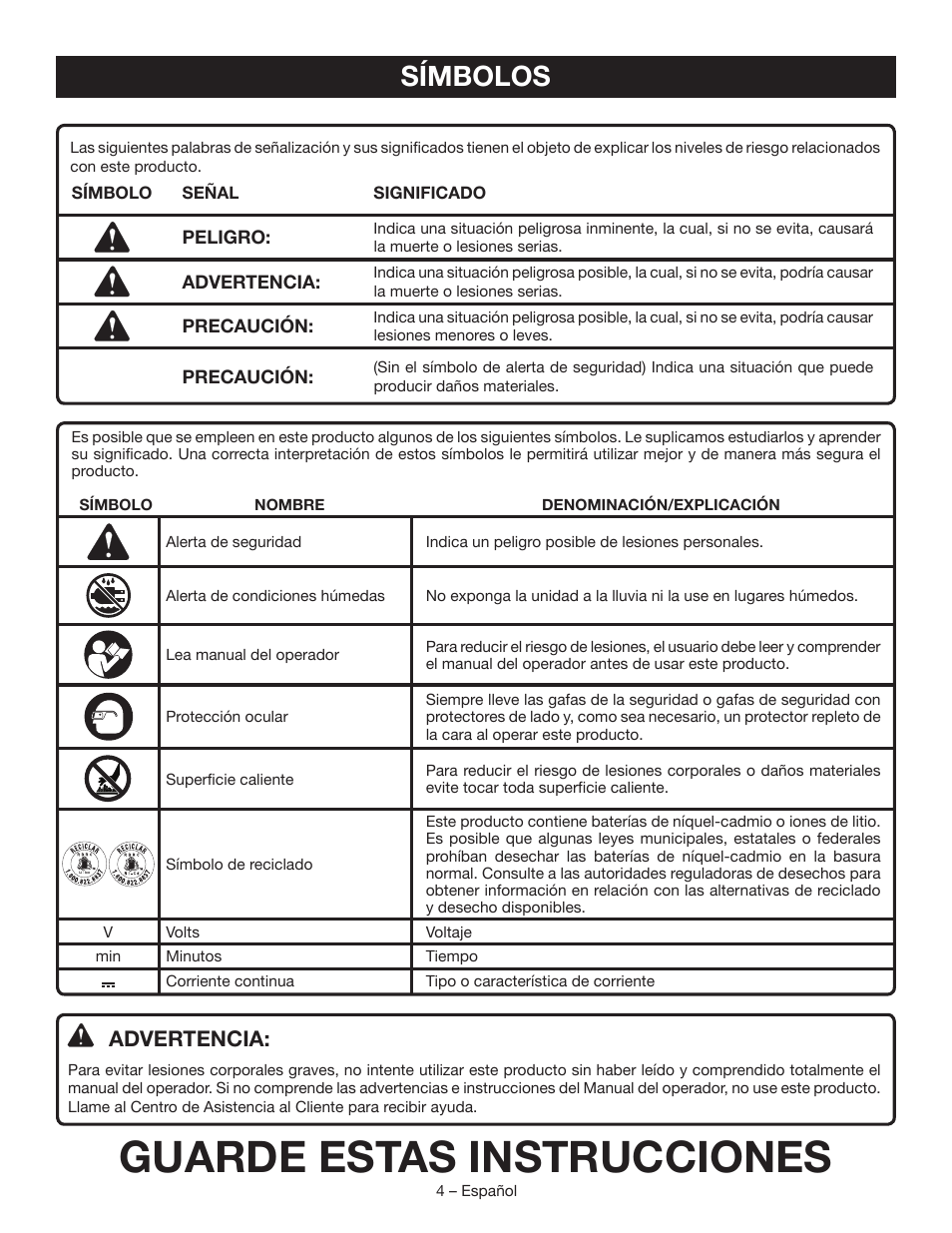 Guarde estas instrucciones, Símbolos, Advertencia | Ryobi P703 User Manual | Page 12 / 16