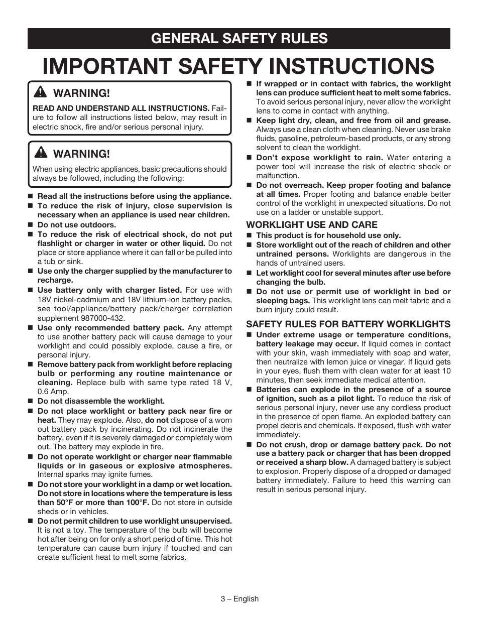 Important safety instructions, General safety rules, Warning | Ryobi P703 User Manual | Page 3 / 16