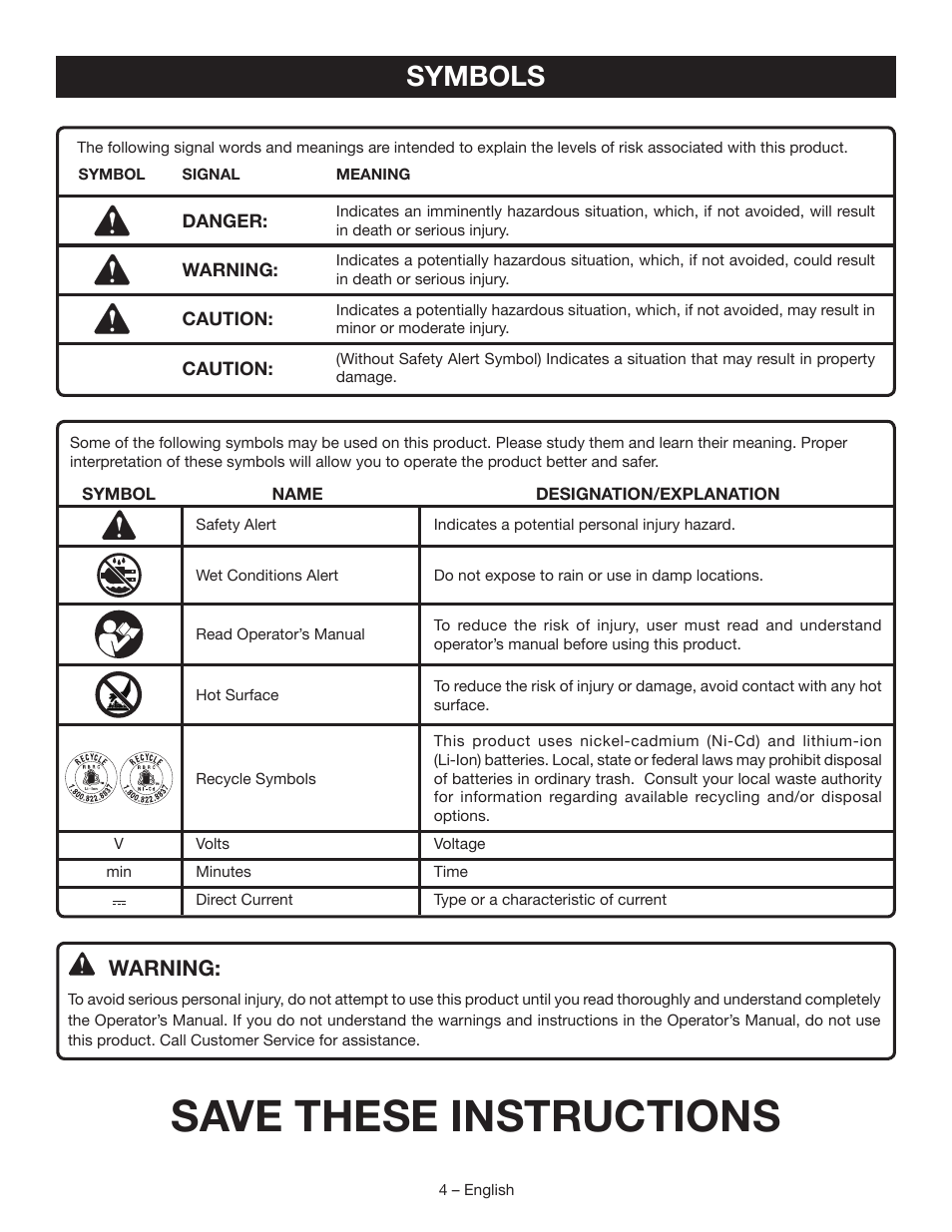 Save these instructions, Symbols, Warning | Ryobi P703 User Manual | Page 4 / 16