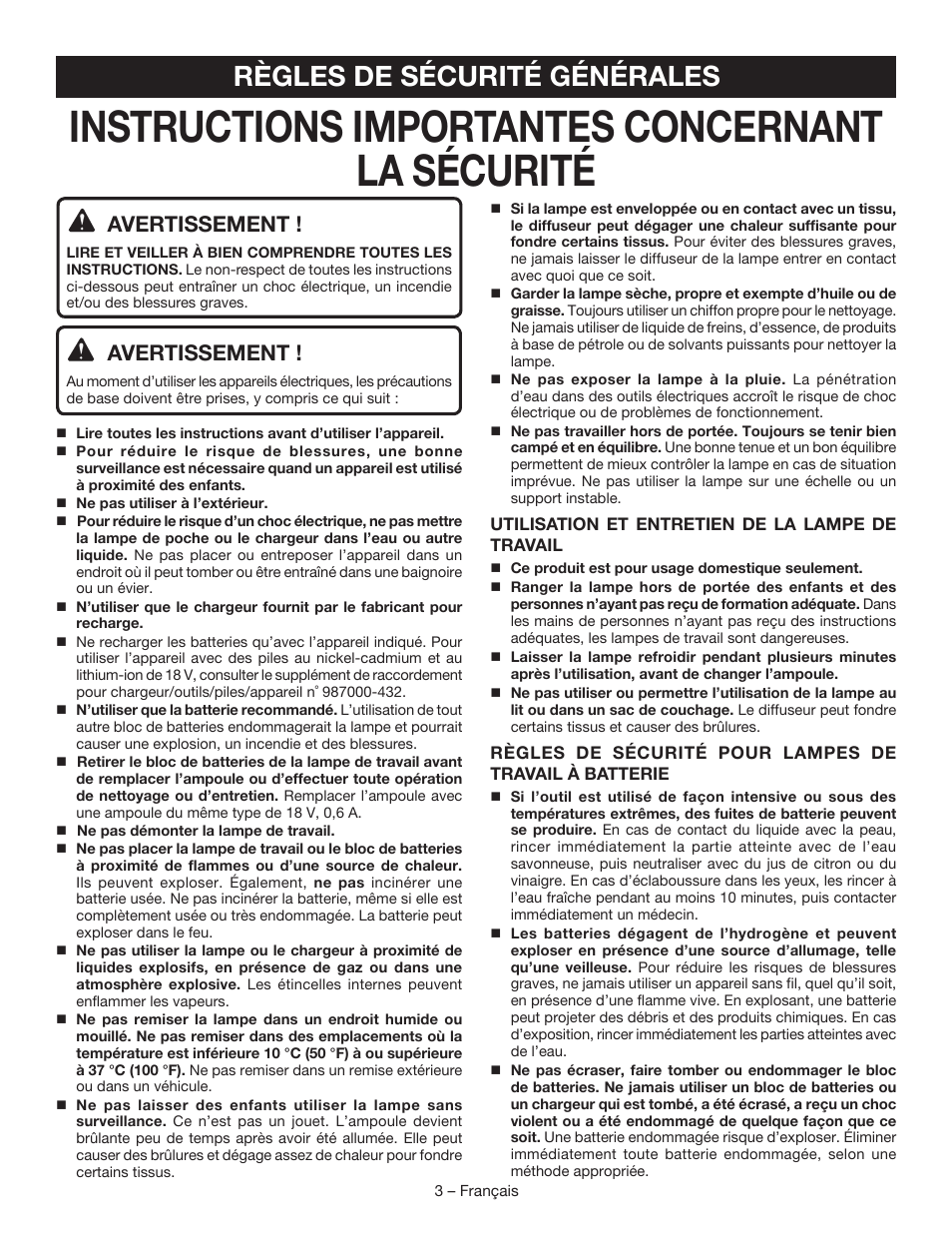 Instructions importantes concernant la sécurité, Règles de sécurité générales, Avertissement | Ryobi P703 User Manual | Page 7 / 16