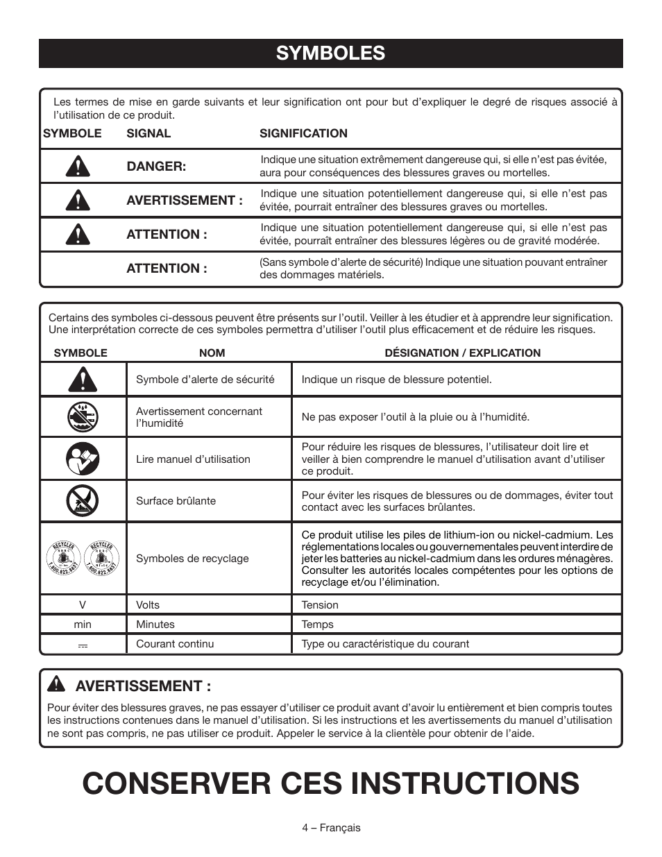 Conserver ces instructions, Symboles, Avertissement | Ryobi P703 User Manual | Page 8 / 16