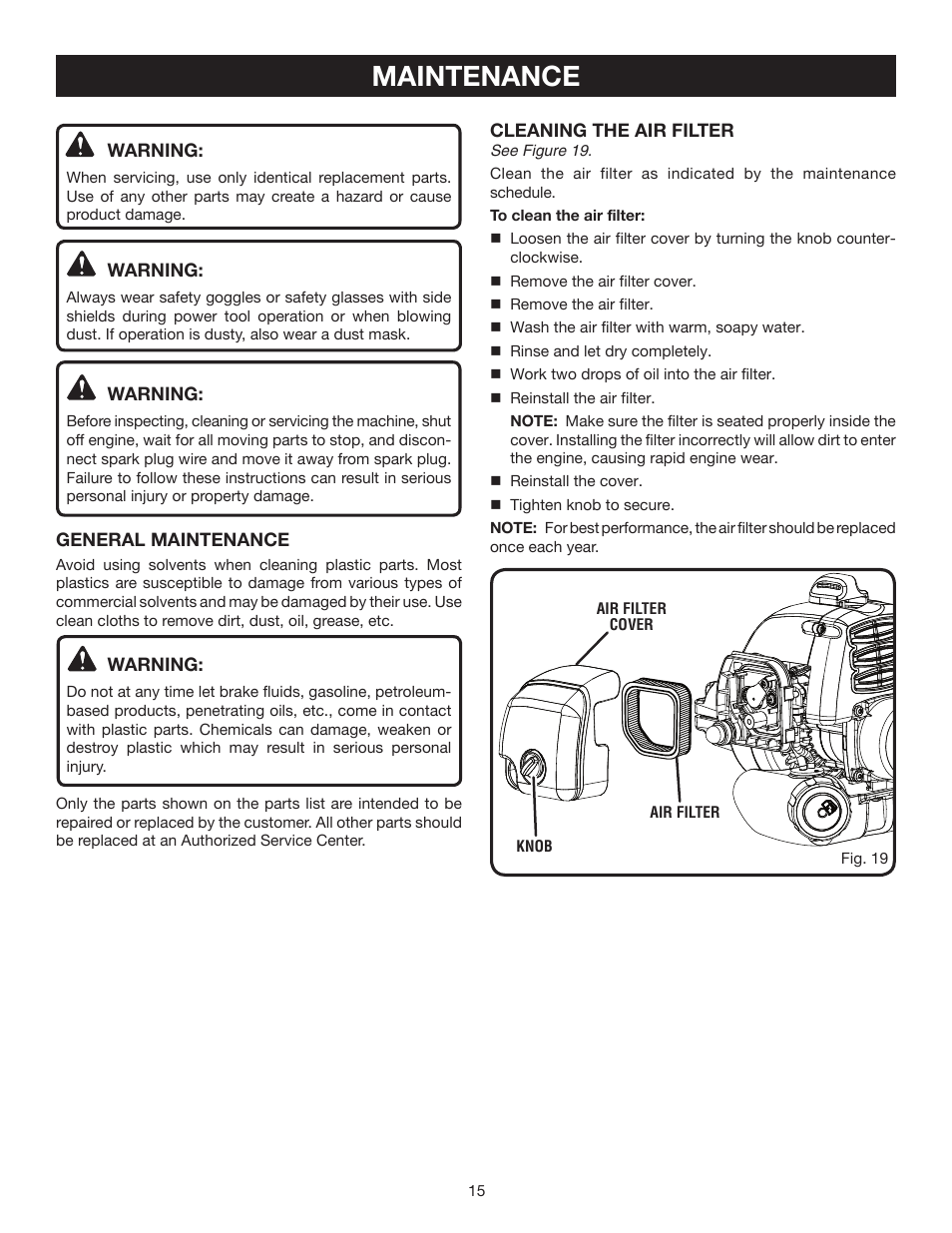 Maintenance | Ryobi RY60512 User Manual | Page 15 / 22