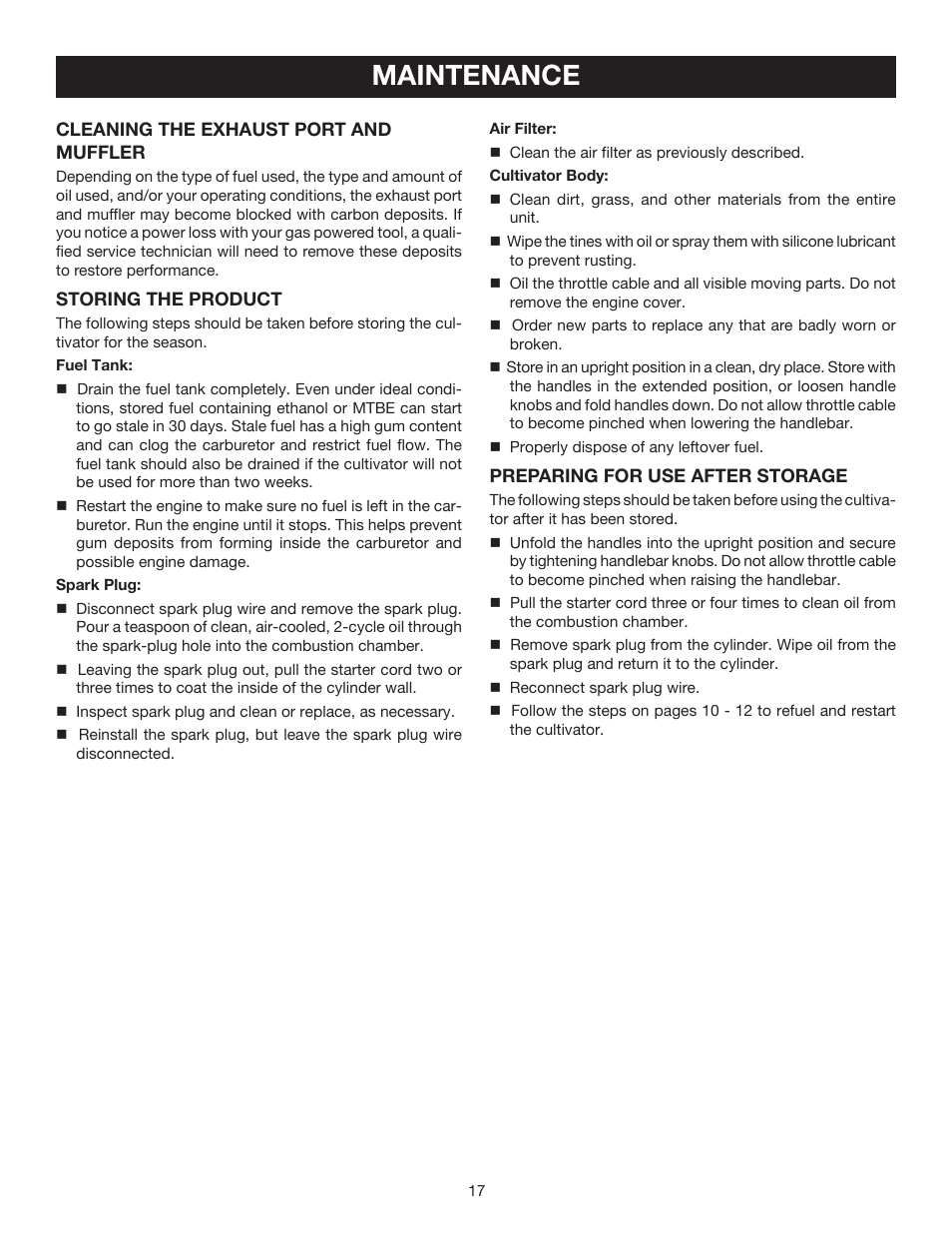 Maintenance | Ryobi RY60512 User Manual | Page 17 / 22