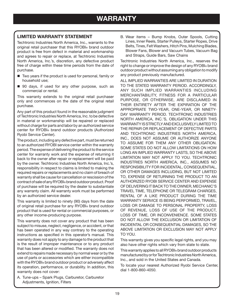 Warranty, Limited warranty statement | Ryobi RY60512 User Manual | Page 19 / 22