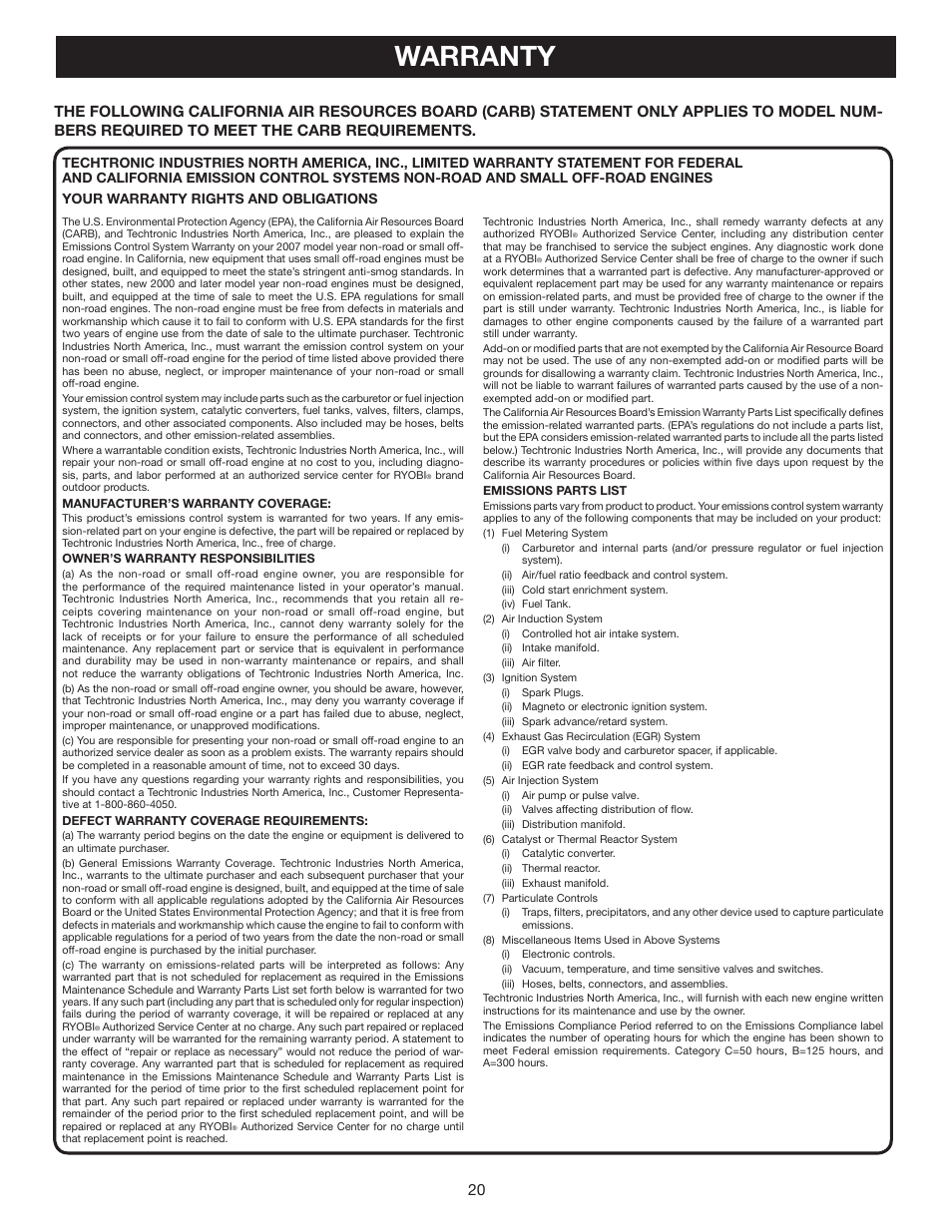 Warranty | Ryobi RY60512 User Manual | Page 20 / 22